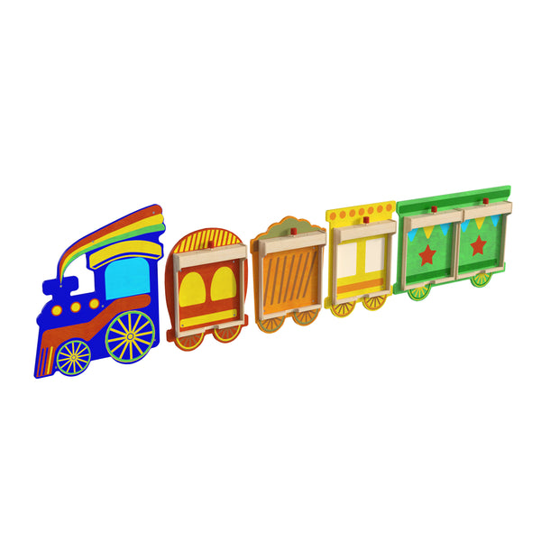 Commercial Grade Wooden Train STEAM Wall System with 5 Accessory Panel Holders