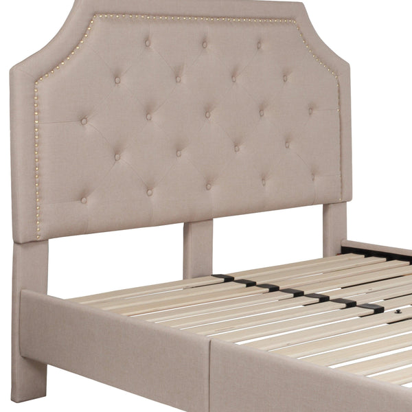 Beige,Full |#| Full Size Arched Tufted Upholstered Platform Bed in Beige Fabric