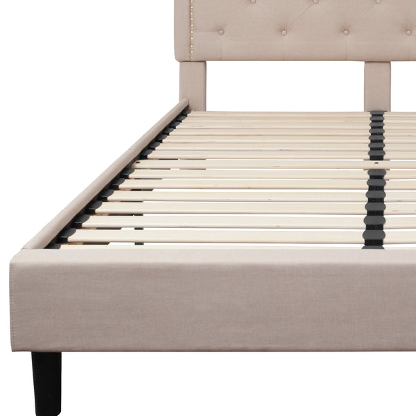 Beige,Queen |#| Queen Size Arched Tufted Upholstered Platform Bed in Beige Fabric