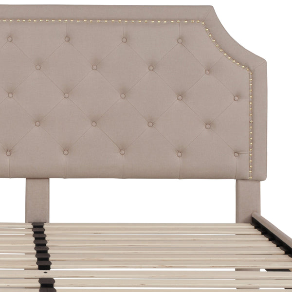 Beige,King |#| King Size Arched Tufted Upholstered Platform Bed in Beige Fabric