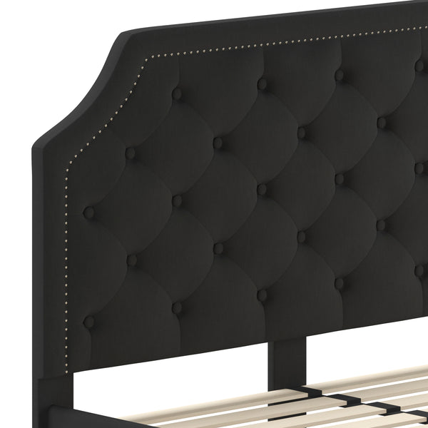 Black,Queen |#| Queen Size Arched Tufted Upholstered Platform Bed in Black Fabric