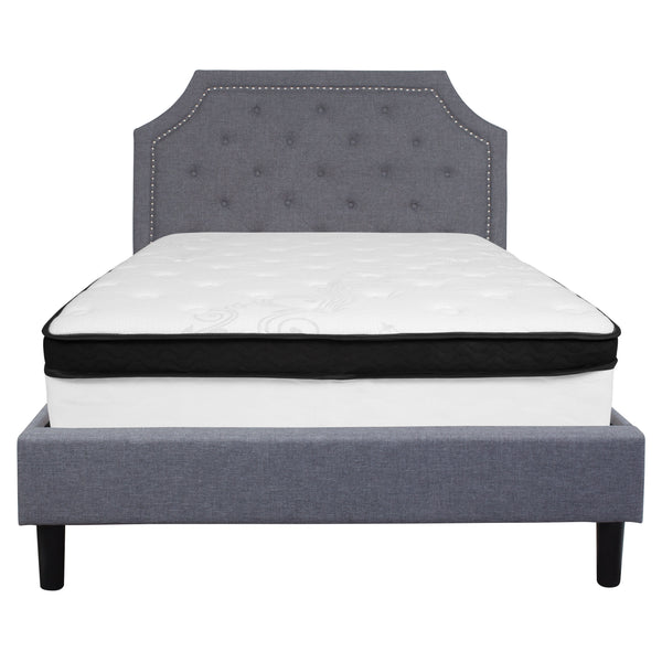 Light Gray,Full |#| Full Size Arched Tufted Lt Gray Fabric Platform Bed with Memory Foam Mattress