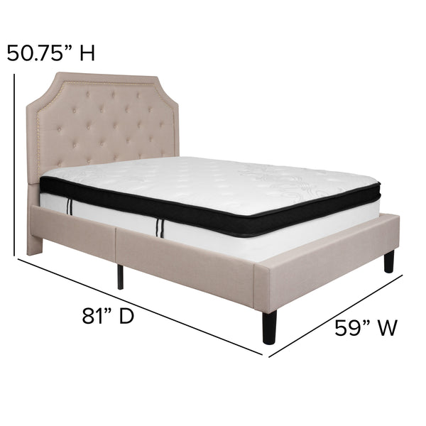 Beige,Full |#| Full Size Arched Tufted Beige Fabric Platform Bed with Memory Foam Mattress