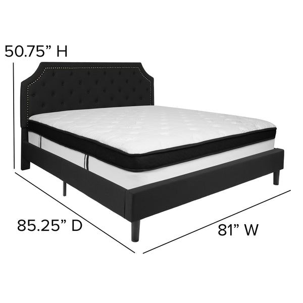 Black,King |#| King Size Arched Tufted Black Fabric Platform Bed with Memory Foam Mattress