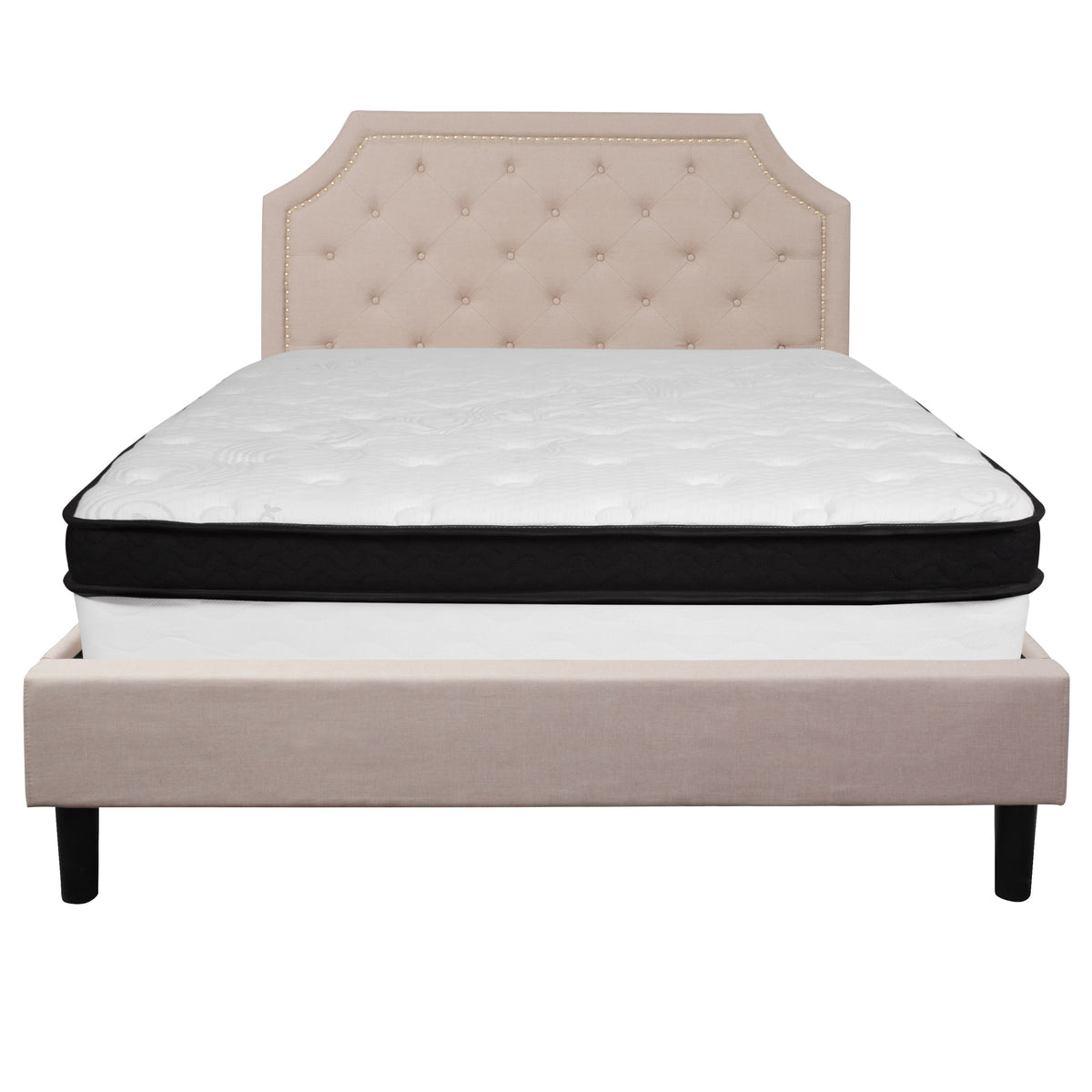 Beige,Queen |#| Queen Size Arched Tufted Beige Fabric Platform Bed with Memory Foam Mattress