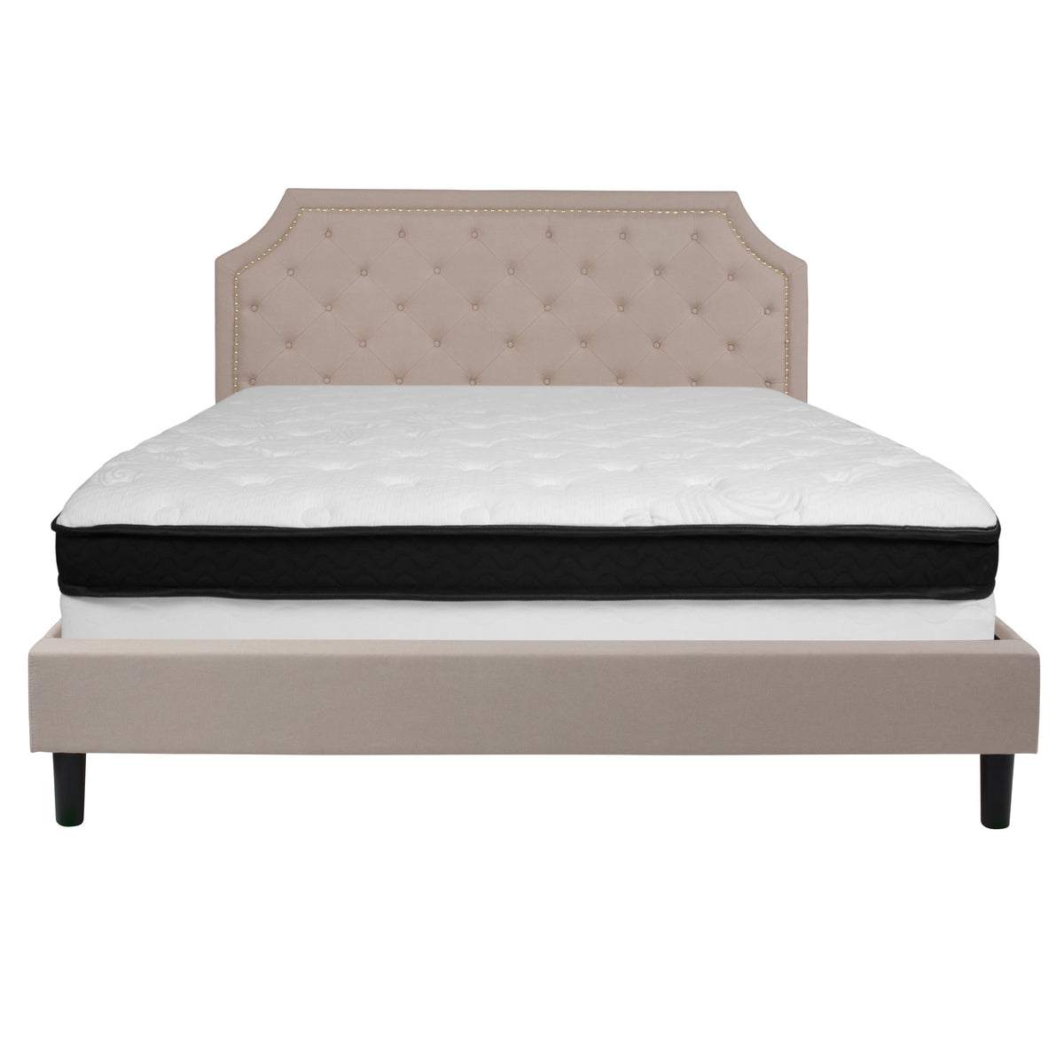 Beige,King |#| King Size Arched Tufted Beige Fabric Platform Bed with Memory Foam Mattress