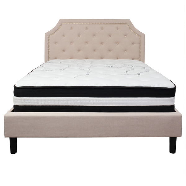 Beige,Queen |#| Queen Size Arched Tufted Beige Fabric Platform Bed with Pocket Spring Mattress