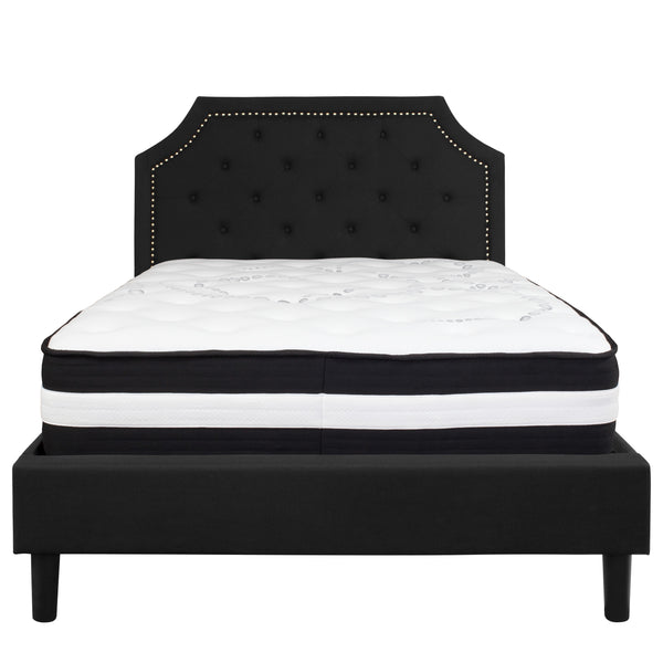 Black,Full |#| Full Size Arched Tufted Black Fabric Platform Bed with Pocket Spring Mattress