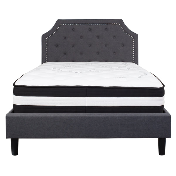 Dark Gray,Full |#| Full Size Arched Tufted Dk Gray Fabric Platform Bed with Pocket Spring Mattress