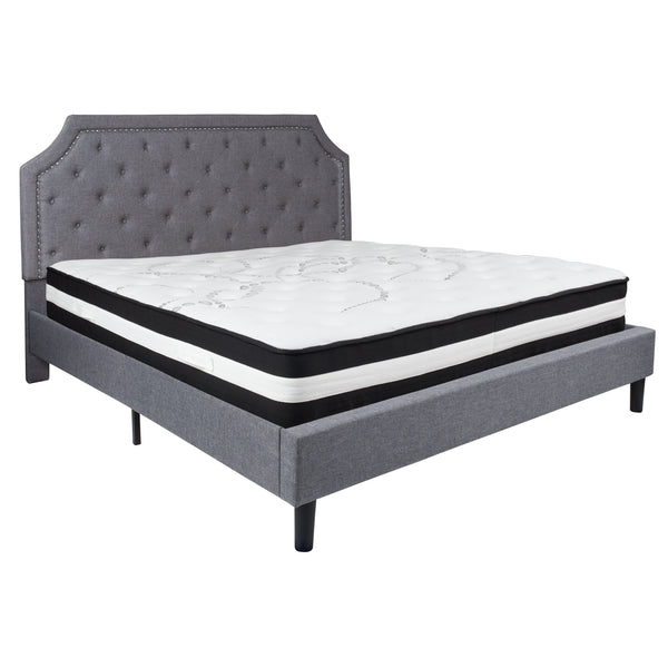 Light Gray,King |#| King Size Arched Tufted Lt Gray Fabric Platform Bed with Pocket Spring Mattress