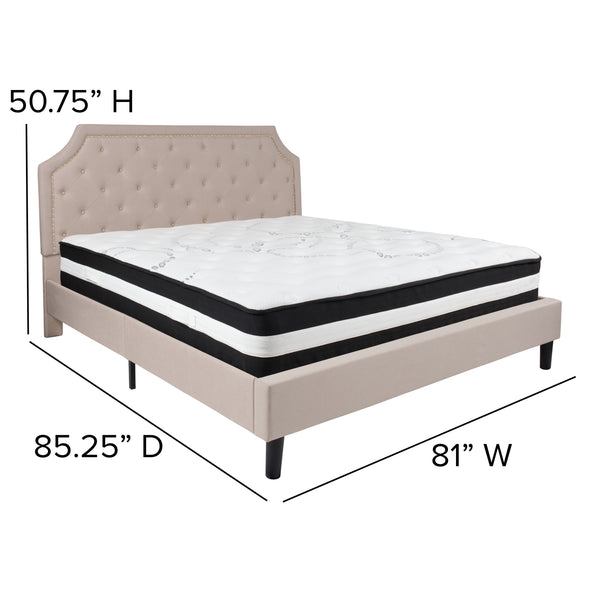 Beige,King |#| King Size Arched Tufted Beige Fabric Platform Bed with Pocket Spring Mattress