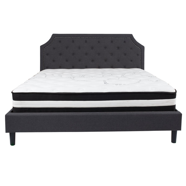 Dark Gray,King |#| King Size Arched Tufted Dk Gray Fabric Platform Bed with Pocket Spring Mattress