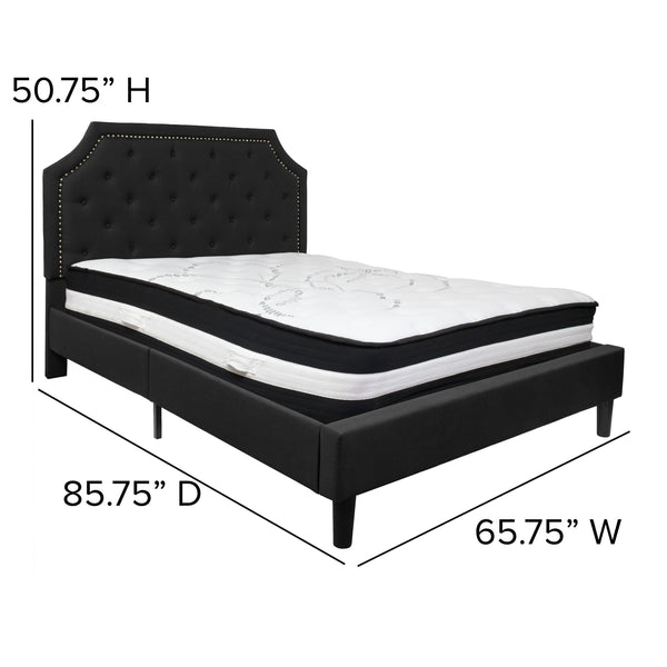 Black,Queen |#| Queen Size Arched Tufted Black Fabric Platform Bed with Pocket Spring Mattress