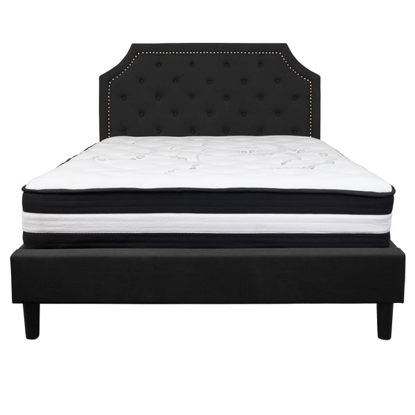 Black,Queen |#| Queen Size Arched Tufted Black Fabric Platform Bed with Pocket Spring Mattress