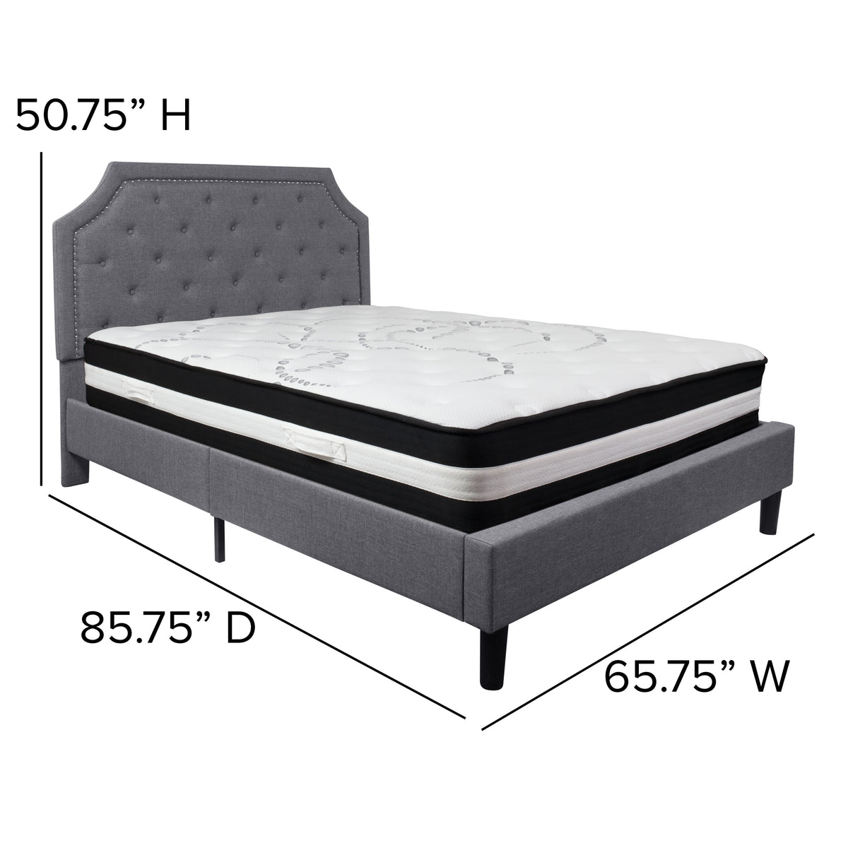 Light Gray,Queen |#| Queen Size Arched Tufted Lt Gray Fabric Platform Bed w/ Pocket Spring Mattress