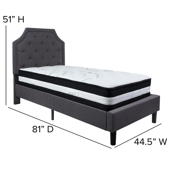Dark Gray,Twin |#| Twin Size Arched Tufted Dk Gray Fabric Platform Bed with Pocket Spring Mattress