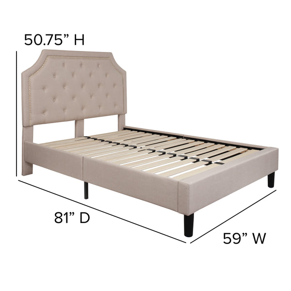 Beige,Full |#| Full Tufted Platform Bed in Beige Fabric with 10 Inch Pocket Spring Mattress