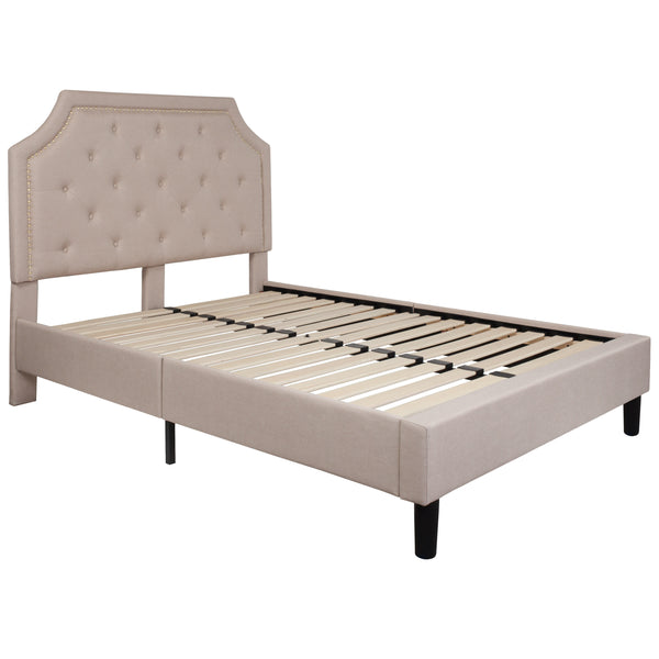 Beige,Full |#| Full Tufted Platform Bed in Beige Fabric with 10 Inch Pocket Spring Mattress