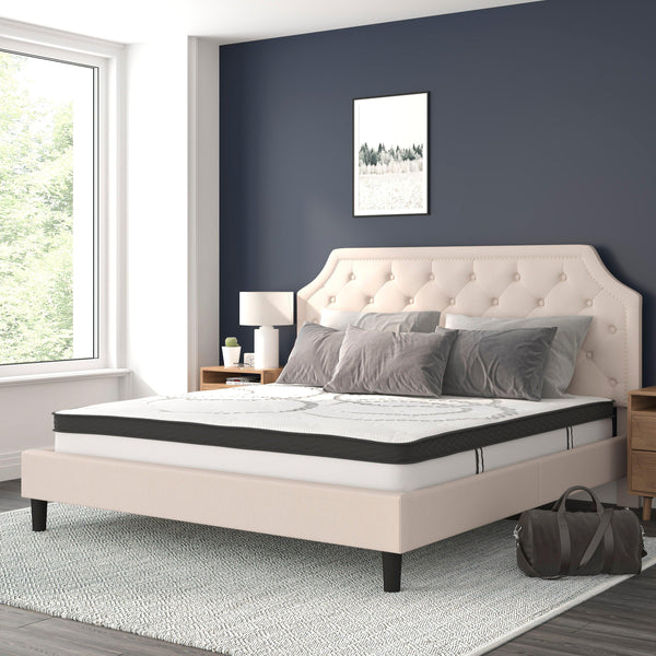 Beige,King |#| King Tufted Platform Bed in Beige Fabric with 10 Inch Pocket Spring Mattress