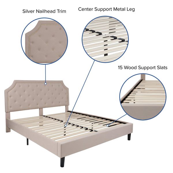 Beige,King |#| King Tufted Platform Bed in Beige Fabric with 10 Inch Pocket Spring Mattress