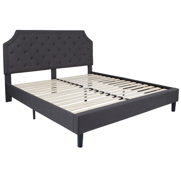 Dark Gray,King |#| King Tufted Platform Bed in Dark Gray Fabric with 10 Inch Pocket Spring Mattress