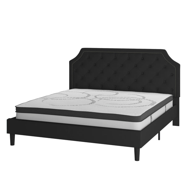 Black,King |#| King Tufted Platform Bed in Black Fabric with 10 Inch Pocket Spring Mattress