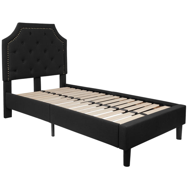 Black,Twin |#| Twin Tufted Platform Bed in Black Fabric with 10 Inch Pocket Spring Mattress