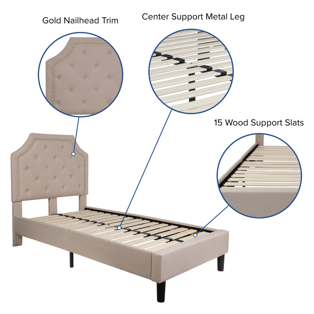 Beige,Twin |#| Twin Tufted Platform Bed in Beige Fabric with 10 Inch Pocket Spring Mattress