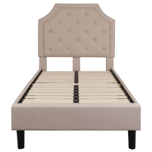 Beige,Twin |#| Twin Tufted Platform Bed in Beige Fabric with 10 Inch Pocket Spring Mattress