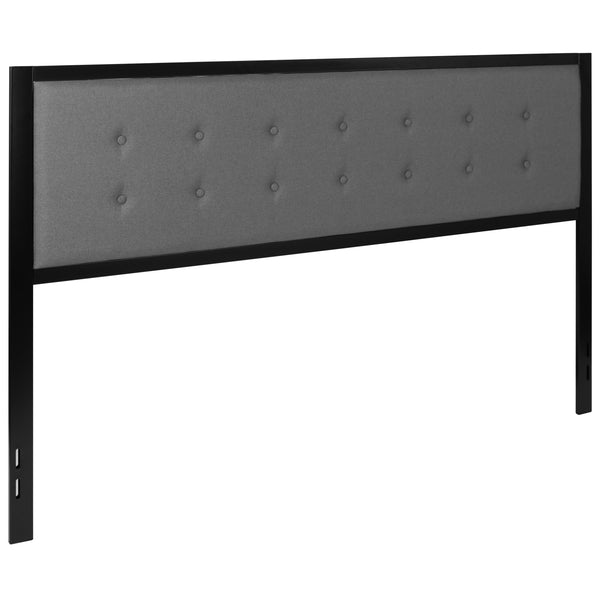 Dark Gray,King |#| King Size Upholstered Metal Panel Headboard in Tufted Dark Gray Fabric