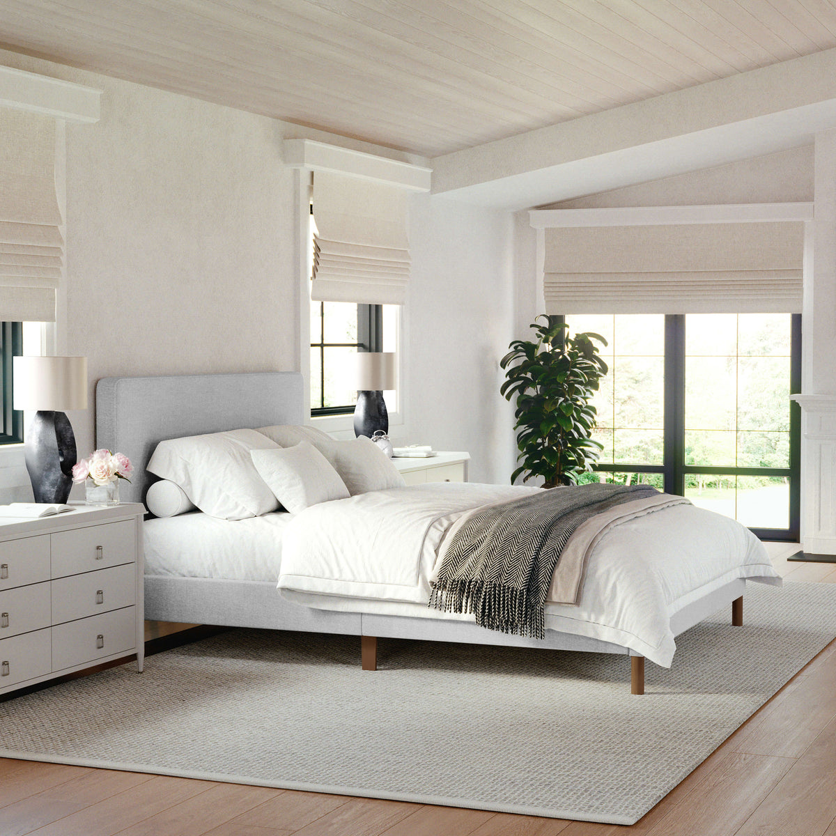 Gray Fabric/Walnut Legs,Queen |#| Faux Linen Upholstered Queen Size Platform Bed with Piped Headboard in Gray