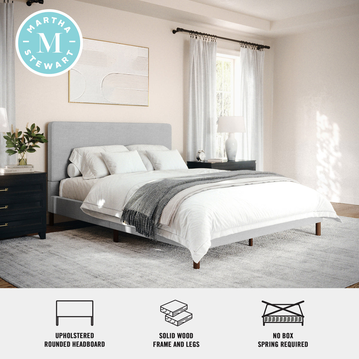 Gray Fabric/Walnut Legs,Queen |#| Faux Linen Upholstered Queen Size Platform Bed with Piped Headboard in Gray