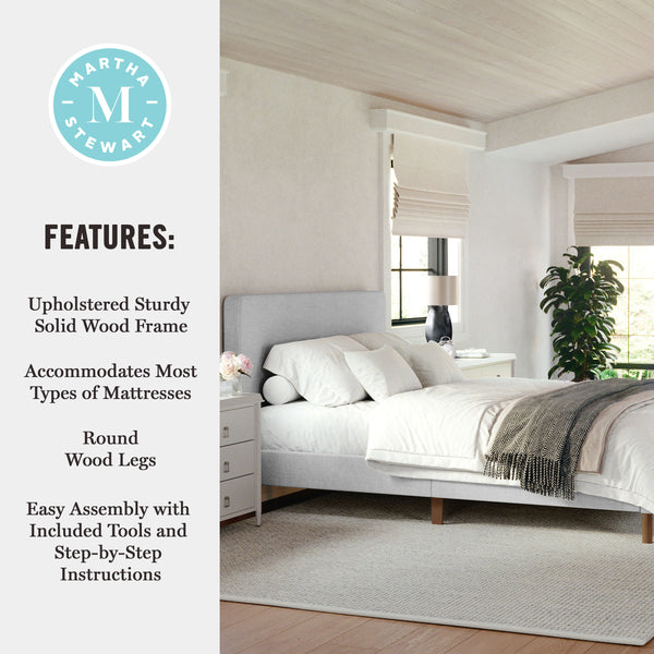 Gray Fabric/Walnut Legs,Queen |#| Faux Linen Upholstered Queen Size Platform Bed with Piped Headboard in Gray