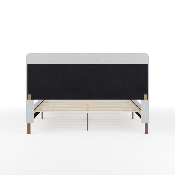 Gray Fabric/Walnut Legs,Queen |#| Faux Linen Upholstered Queen Size Platform Bed with Piped Headboard in Gray