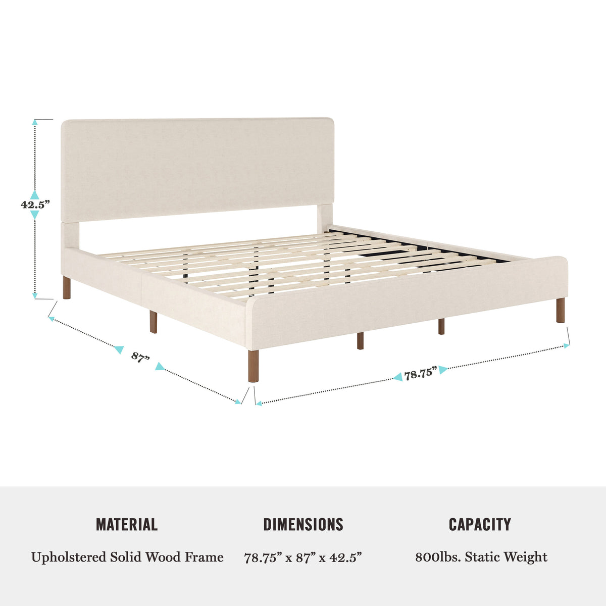 Beige Fabric/Walnut Legs,King |#| Faux Linen Upholstered King Size Platform Bed with Piped Headboard in Beige