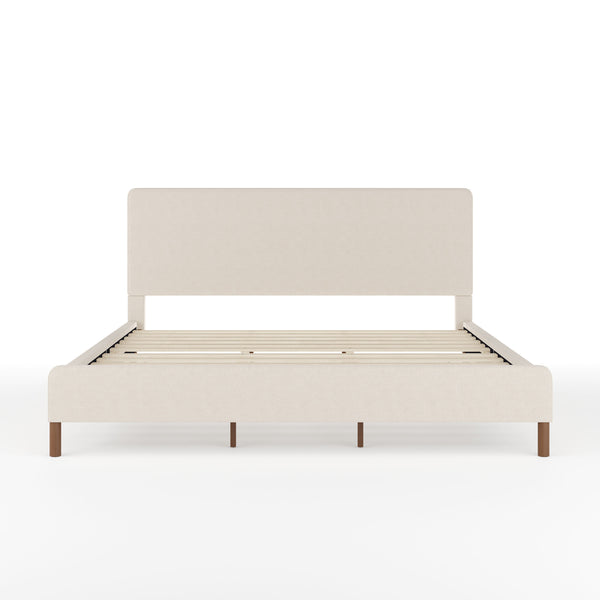 Beige Fabric/Walnut Legs,King |#| Faux Linen Upholstered King Size Platform Bed with Piped Headboard in Beige
