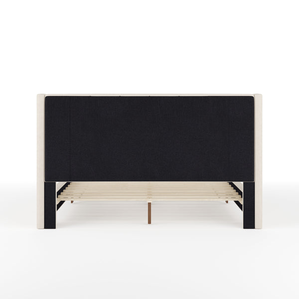 Beige Fabric/Walnut Legs,Queen |#| Faux Linen Upholstered Queen Size Platform Bed with Piped Headboard in Beige