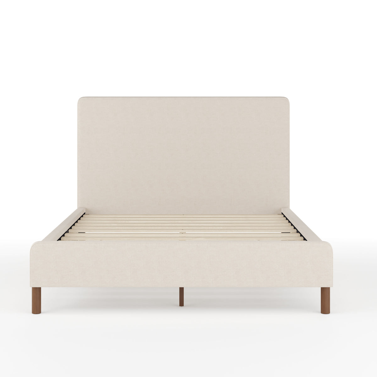 Beige Fabric/Walnut Legs,Full |#| Faux Linen Upholstered Full Size Platform Bed with Piped Headboard in Beige