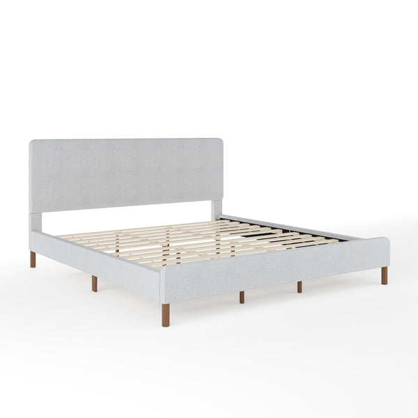 Gray Fabric/Walnut Legs,King |#| Faux Linen Upholstered King Size Platform Bed with Piped Headboard in Gray