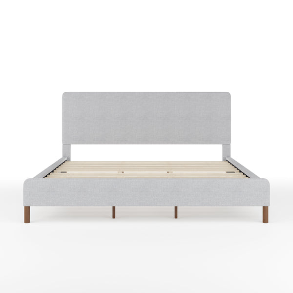 Gray Fabric/Walnut Legs,King |#| Faux Linen Upholstered King Size Platform Bed with Piped Headboard in Gray