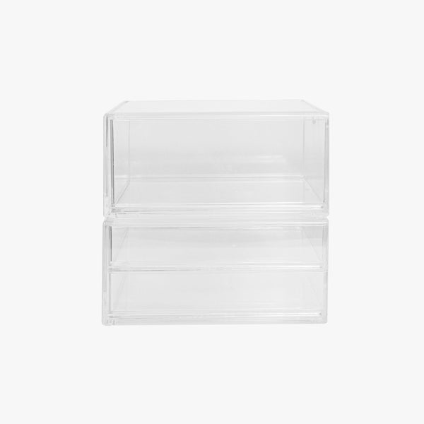 Set of 2 Clear Plastic Desktop Storage Boxes - 1 Single Drawer - 1 Double Drawer