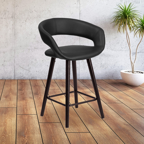 Black |#| 24inch High Cappuccino Wood Rounded Open Back Counter Height Stool in Black Vinyl