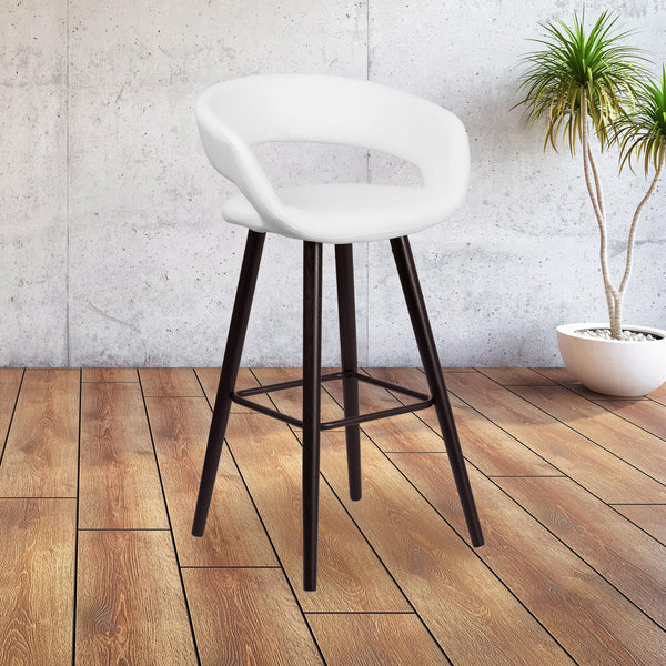 White |#| 29inch High Contemporary Cappuccino Wood Rounded Open Back Barstool in White Vinyl