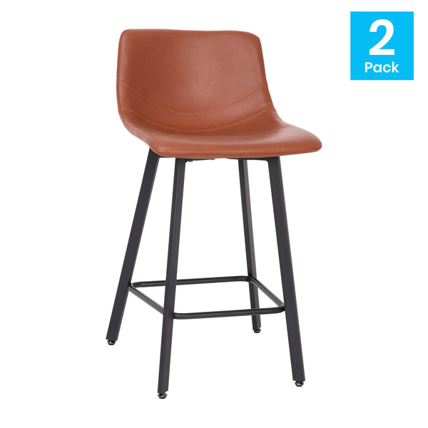 Cognac LeatherSoft |#| Set of 2 Commercial Armless Metal Counter Stools - Cognac LeatherSoft