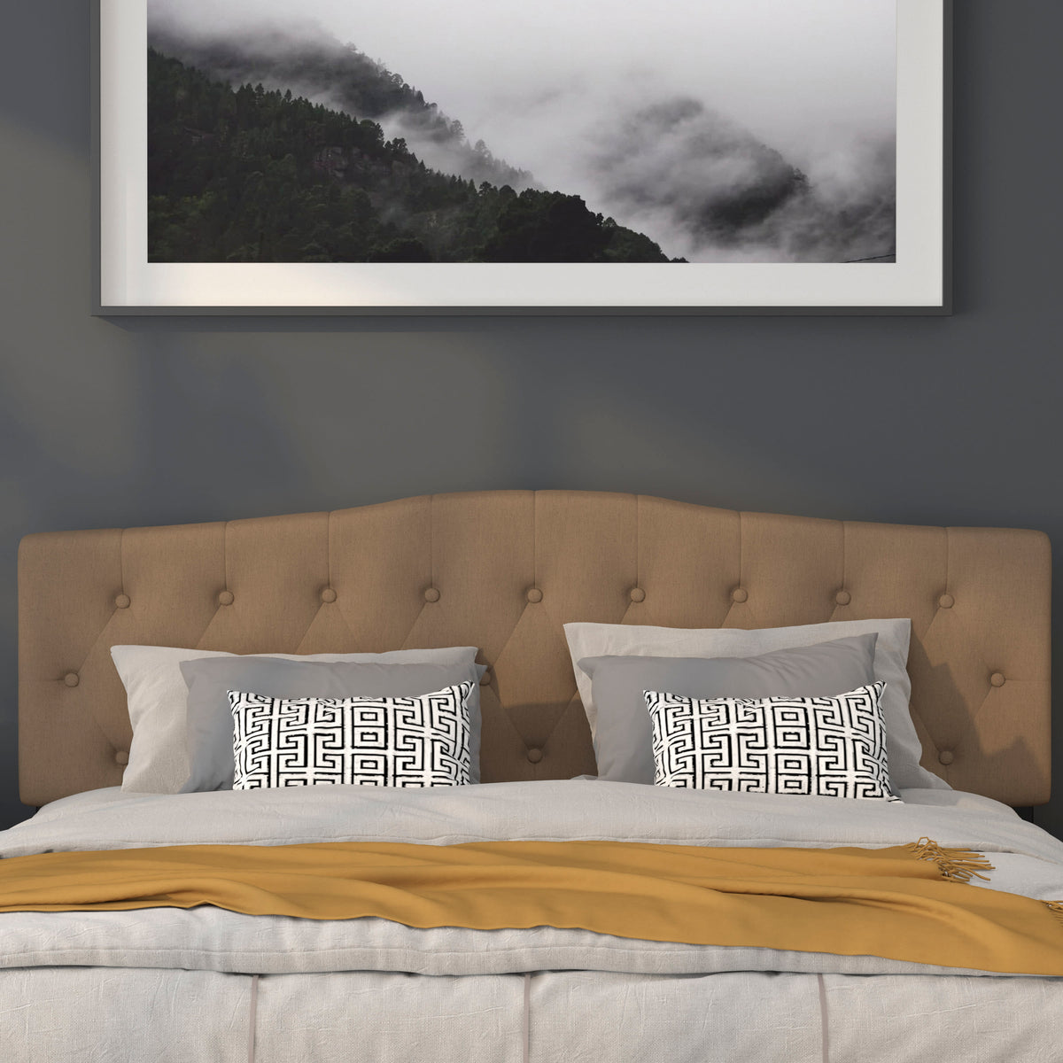 Dark Brown,King |#| Arched Button Tufted Upholstered King Size Headboard in Dark Brown Fabric