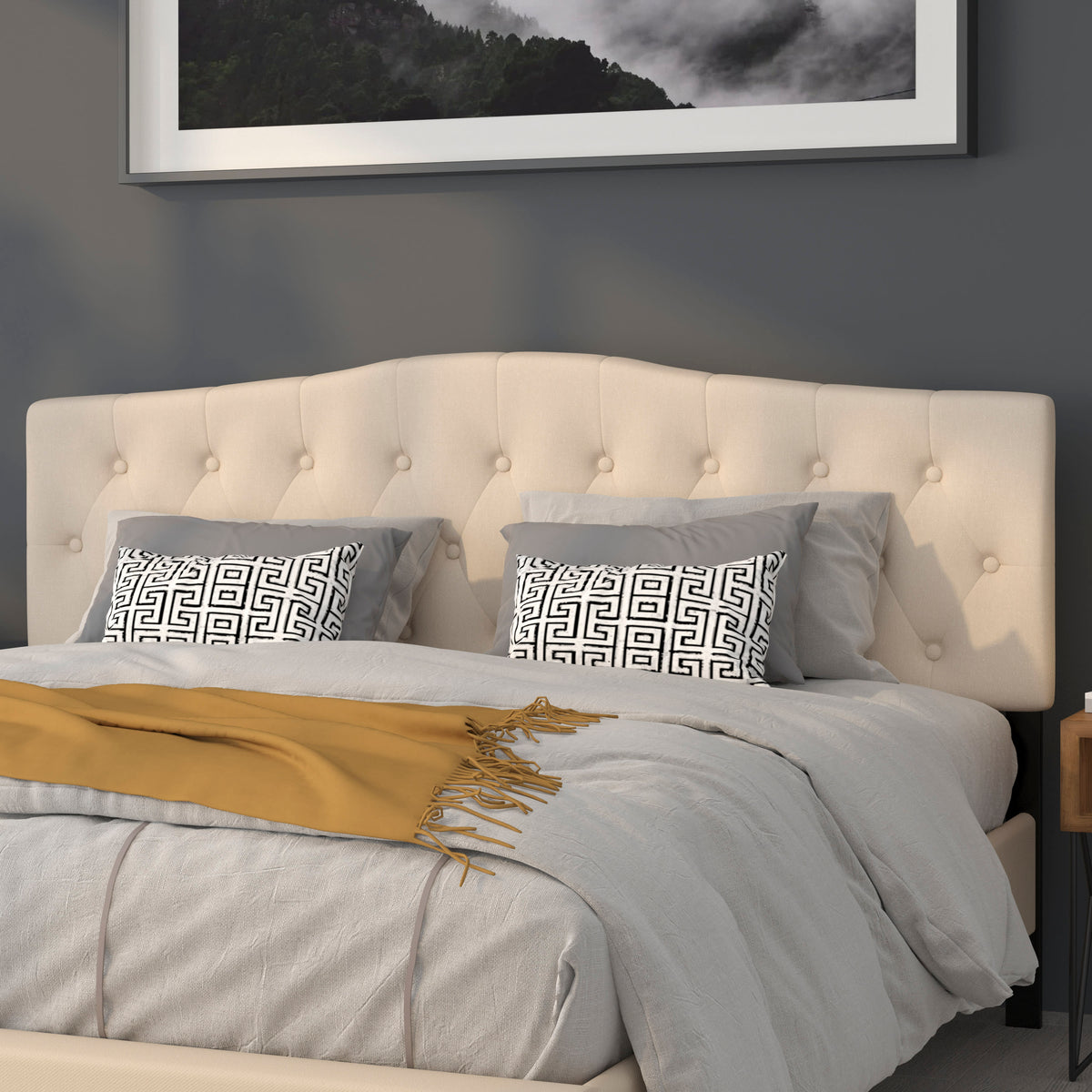 Beige,King |#| Arched Button Tufted Upholstered King Size Headboard in Beige Fabric