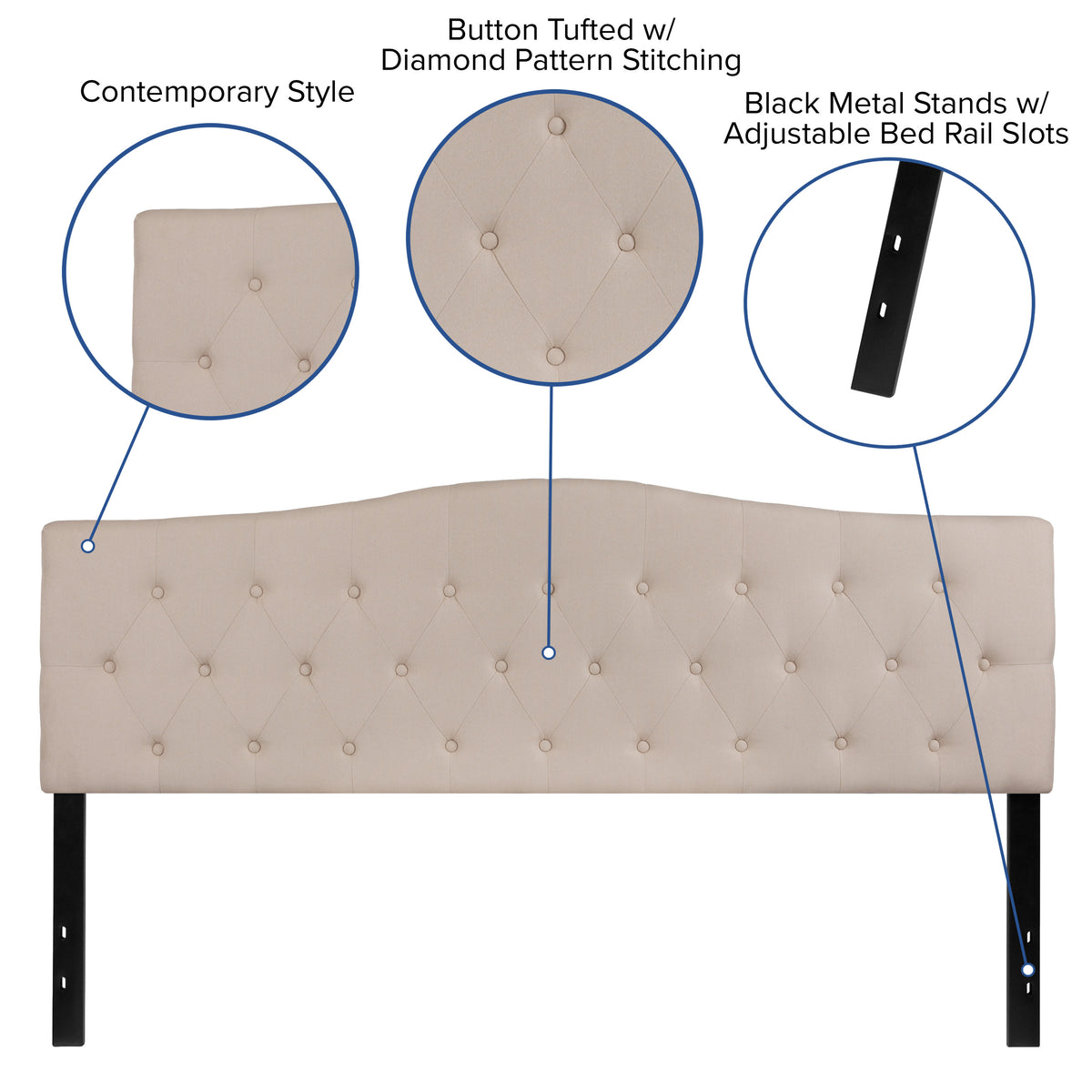 Beige,King |#| Arched Button Tufted Upholstered King Size Headboard in Beige Fabric
