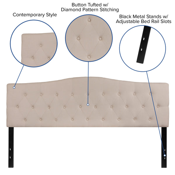 Beige,King |#| Arched Button Tufted Upholstered King Size Headboard in Beige Fabric