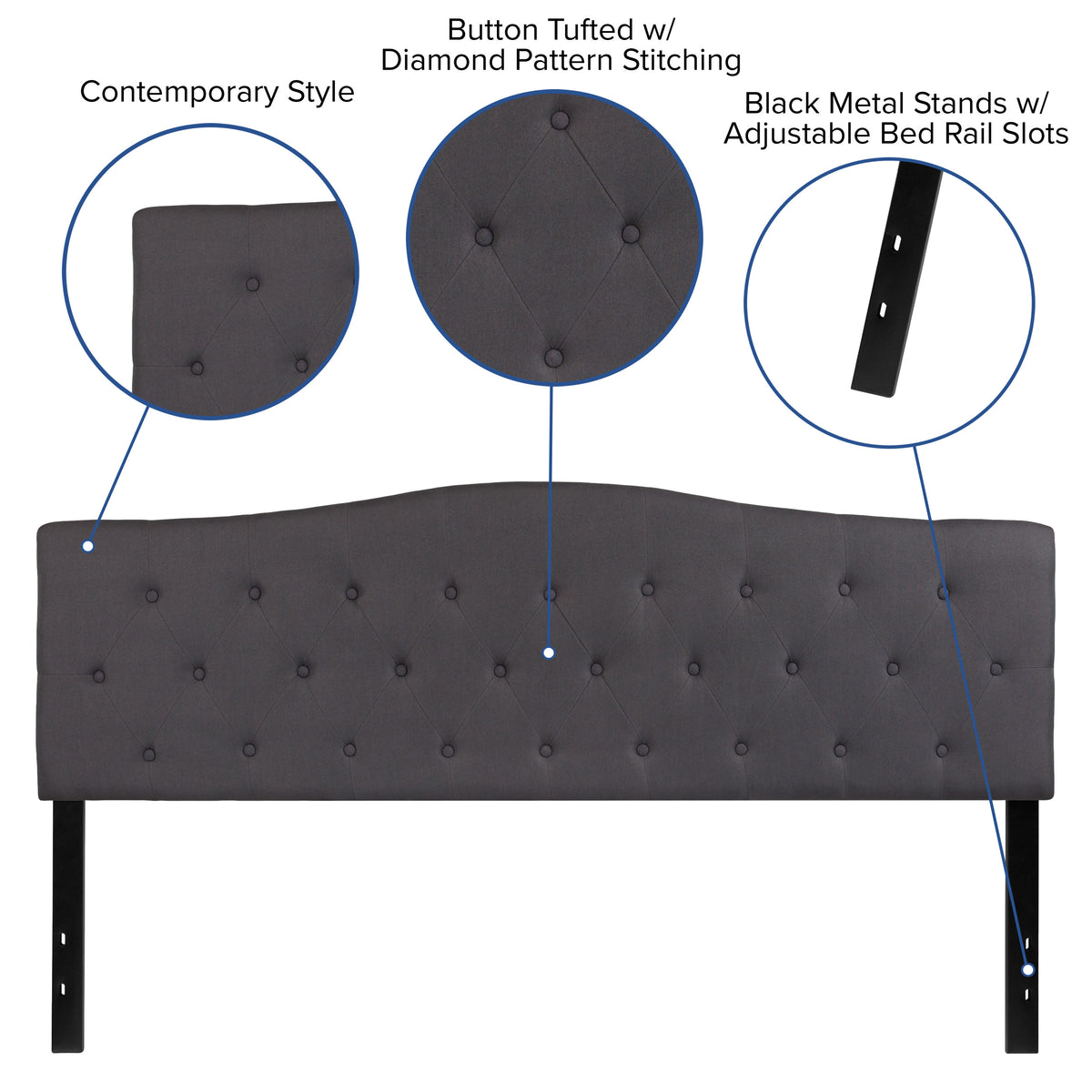 Dark Gray,King |#| Arched Button Tufted Upholstered King Size Headboard in Dark Gray Fabric