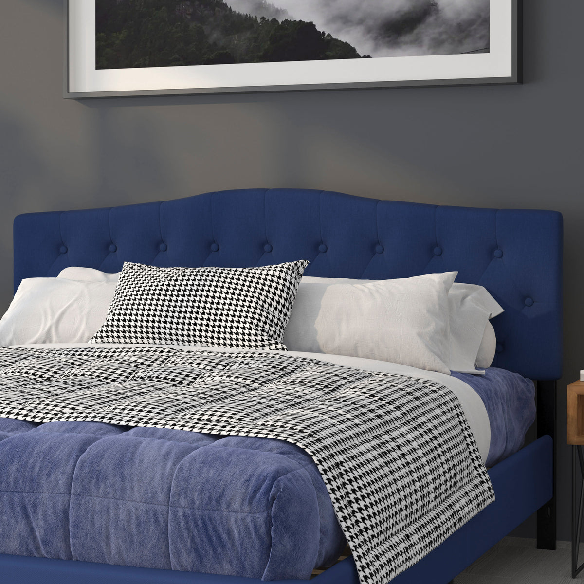 Navy,King |#| Arched Button Tufted Upholstered King Size Headboard in Navy Fabric